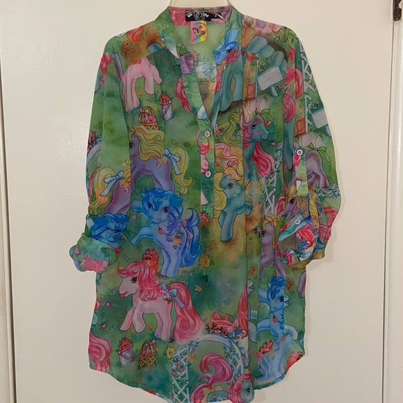 Iron Fist My Little Pony MLP Button up SHEER LONG SLEEVE BLOUSE Top colorful SM - Picture 5 of 9
